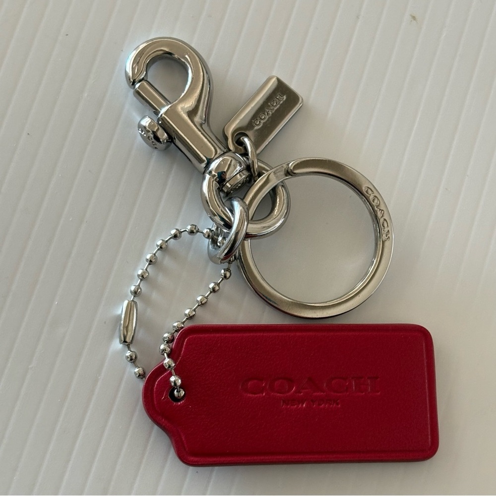 Coach Silver Toned Split Key Ring and Dog Leash Clip with Red Leather Hang Tag